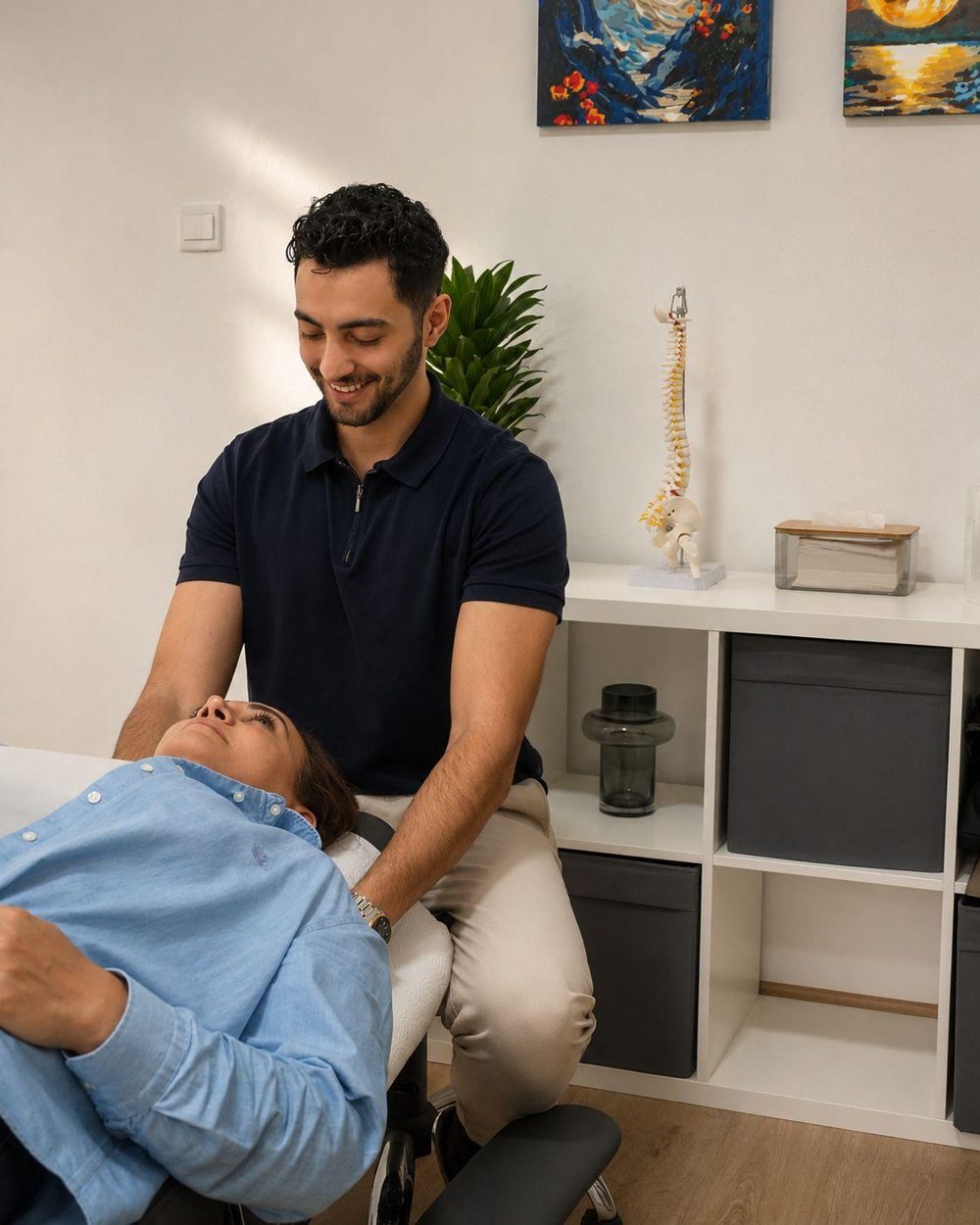 Alp Kıvanç Riza treating a patient's neck at his clinic in Lefkoşa, North Cyprus